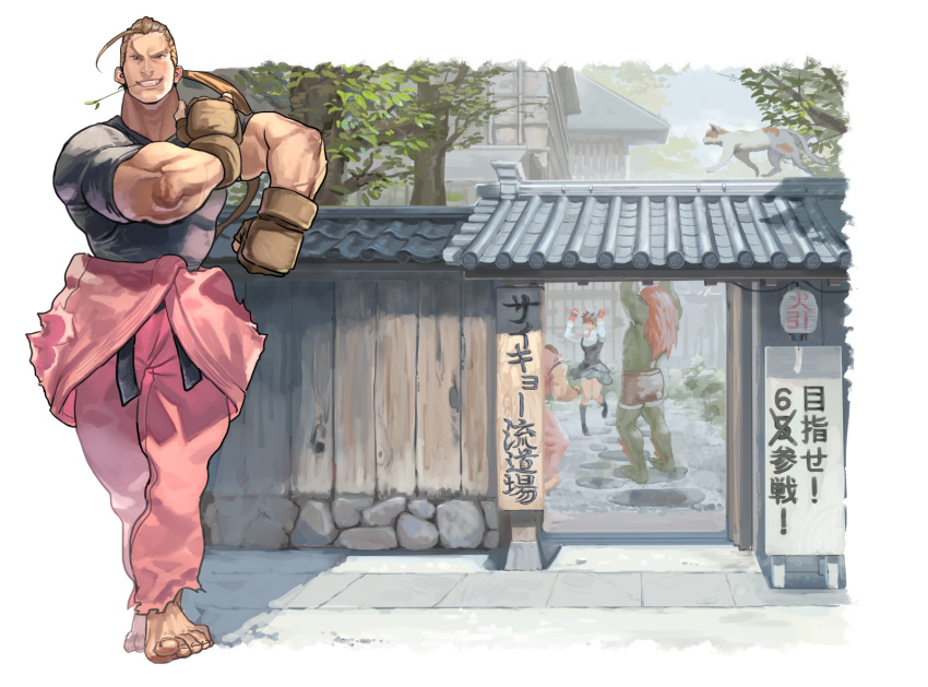 1girl 2boys barefoot belt black_belt black_shirt blanka brown_gloves brown_hair clothes_around_waist colored_skin dojo fingerless_gloves gloves green_skin hibiki_dan highres kasugano_sakura long_eyebrows long_hair mouth_hold multiple_boys muscular orange_hair pants pink_pants ponytail shirt solo_focus sora-bakabon straw_(stalk) street_fighter street_fighter_v t-shirt toenails