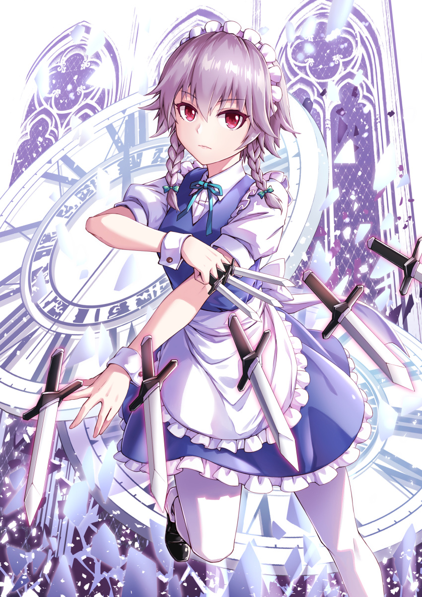 1girl absurdres apron braid fish.boy highres izayoi_sakuya knife maid maid_apron maid_headdress pantyhose red_eyes short_hair silver_hair solo touhou twin_braids waist_apron white_legwear wrist_cuffs