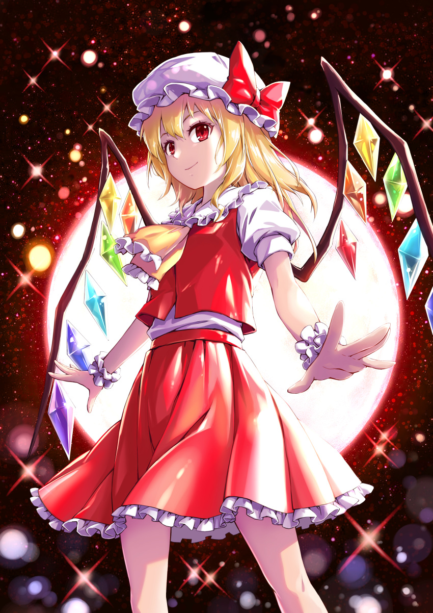 1girl absurdres blonde_hair crystal fish.boy flandre_scarlet hat highres long_hair mob_cap puffy_short_sleeves puffy_sleeves red_eyes red_vest short_sleeves solo touhou vest wings wrist_cuffs