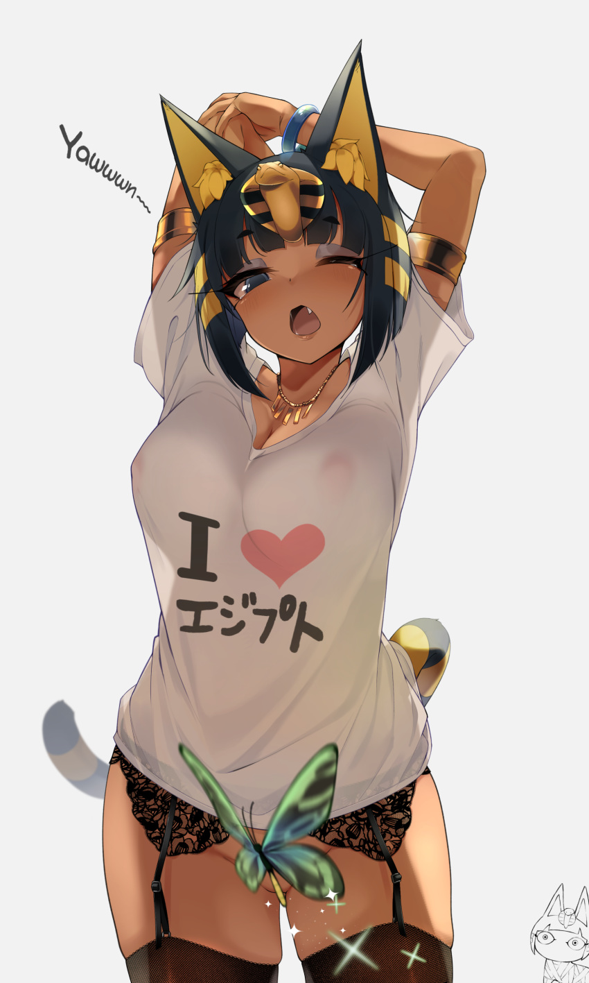 1girl absurdres animal_crossing animal_ears ankha_(animal_crossing) arms_behind_head black_eyes black_hair blackletter bob_cut bracelet breasts bug butterfly chibi chibi_inset cleavage clothes_writing commentary_request convenient_censoring covered_nipples dark_skin egyptian fang garter_belt garter_straps grey_background highres humanization insect jewelry jovejun large_breasts necklace nipples no_panties one_eye_closed open_mouth saliva see-through see-through_silhouette shirt short_hair short_sleeves solo stretch striped striped_tail t-shirt tail thighhighs translated white_shirt yawning