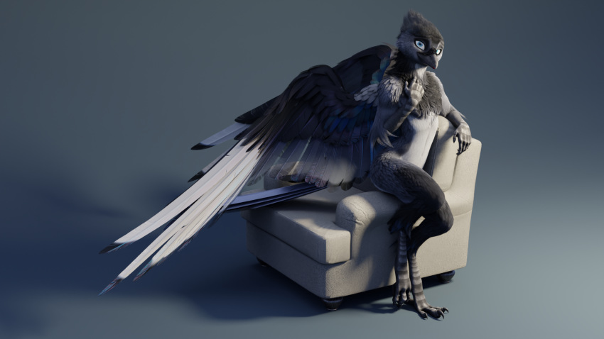 16:9 3d_(artwork) anthro arm_tuft avian beak black_body black_feathers blender_(software) blue_eyes chair chest_tuft claws digital_media_(artwork) digitigrade elbow_tufts feathered_wings feathers furniture gradient_background grey_body grey_feathers hi_res looking_at_viewer male nude pinup pose ruaidri scales simple_background sitting solo tail_feathers tuft white_body white_feathers widescreen wings