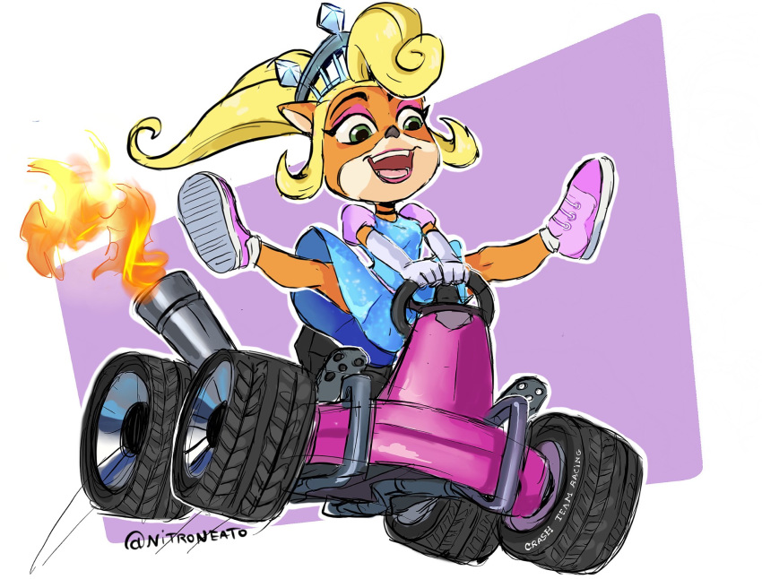 2019 activision anthro blonde_hair clothing coco_bandicoot crash_bandicoot_(series) crown eyeshadow female fire footwear green_eyes hair hi_res kart lipstick long_hair makeup mammal marsupial nitroneato open_mouth open_smile ponytail signature smile solo spread_legs spreading vehicle video_games