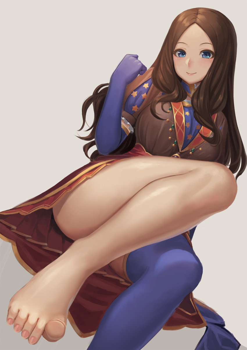 1girl bangs barefoot blue_eyes blue_gloves blush breasts brown_dress brown_hair dress elbow_gloves fate/grand_order fate_(series) forehead gloves highres large_breasts legs leonardo_da_vinci_(fate/grand_order) long_hair looking_at_viewer parted_bangs puff_and_slash_sleeves puffy_short_sleeves puffy_sleeves ranma_(kamenrideroz) red_skirt short_sleeves skirt toes