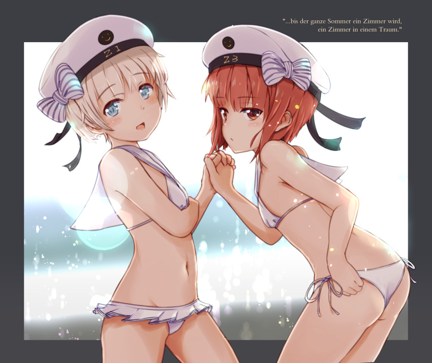 2girls bare_arms bare_shoulders bikini blonde_hair blue_eyes blush brown_eyes clothes_writing cowboy_shot eyebrows_visible_through_hair german_text groin hat highres kantai_collection multiple_girls navel open_mouth red_hair sailor_bikini sailor_collar sailor_hat shiki_no_miko short_hair swimsuit white_bikini white_headwear white_sailor_collar z1_leberecht_maass_(kantai_collection) z3_max_schultz_(kantai_collection)