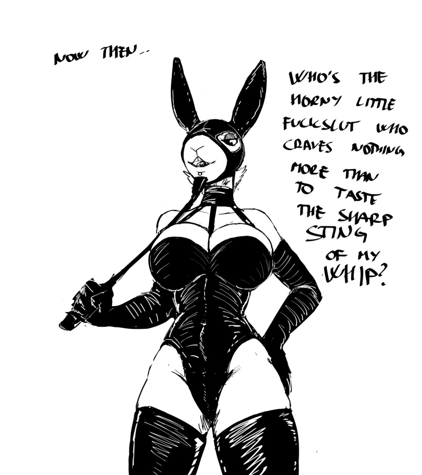 2020 anthro black_and_white clothing dialogue dominatrix english_text facial_piercing female gloves handwear hi_res hladilnik lagomorph leotard leporid lip_piercing mammal monochrome piercing pro_bun_(hladilnik) rabbit riding_crop solo text tongue tongue_piercing whip