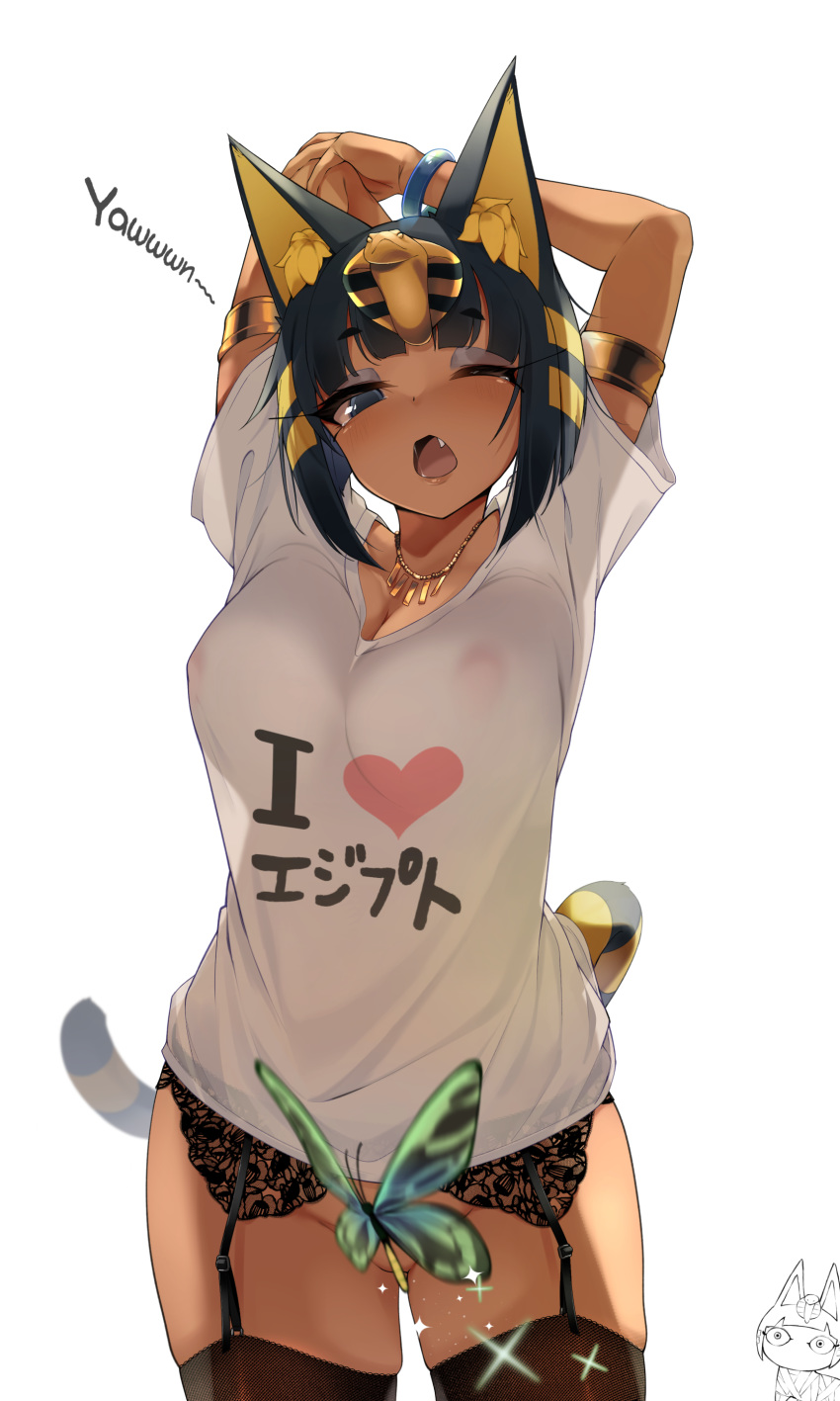 1girl absurdres animal_crossing animal_ears ankha_(animal_crossing) arms_behind_head black_eyes black_hair blackletter bob_cut bracelet breasts bug butterfly chibi chibi_inset cleavage clothes_writing convenient_censoring covered_nipples dark_skin egyptian fang garter_belt garter_straps grey_background highres humanization insect jewelry jovejun large_breasts necklace nipples no_panties one_eye_closed open_mouth saliva see-through see-through_silhouette shirt short_hair short_sleeves solo stretch striped striped_tail t-shirt tail thighhighs translated white_shirt yawning