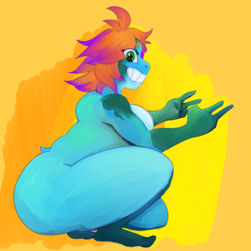 1:1 2020 amphibian anthro big_butt blue_body blue_skin breasts butt crouching dustin_(sfd) feet female frog green_eyes grin hair hi_res highlights_(coloring) nude orange_hair pose purple_highlights shadowfirdark side_boob smile solo thick_thighs