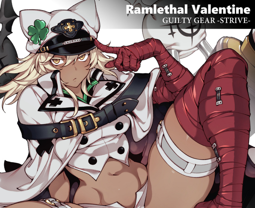 animal_ears blonde_hair boots cape cropped dark_skin elbow_gloves fishine garter gloves guilty_gear hat ramlethal_valentine short_hair shorts spread_legs thighhighs waifu2x yellow_eyes