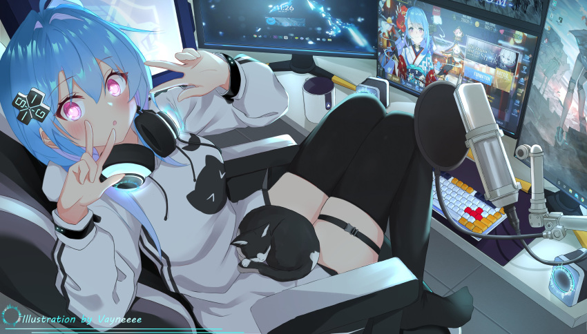 &gt;_&lt; 3girls absurdres ahoge alternate_costume animal animal_on_lap architecture arm_rest arms_up artist_name azur_lane background_text bangs black_cat black_gloves black_legwear blue_butterfly blue_eyes blue_hair blush bow bug building butterfly cable cat cat_on_lap cat_symbol chair coffee_mug collar commentary computer computer_tower cup desk double_w east_asian_architecture english_text eyebrows eyebrows_visible_through_hair eyelashes feet_on_chair floor flower glove_bow gloves hair_flower hair_ornament hands_up headphones headphones_around_neck helena_(azur_lane) helena_(the_blue_bird's_new_year)_(azur_lane) highres hood hood_down hoodie hoodie_dress illumination insect iron_cross japanese_clothes keyboard_(computer) kimino kimono knees_up light light_rays lights long_hair long_sleeves looking_at_viewer lying manjuu_(azur_lane) microphone monitor mousepad_(object) mug multicolored multicolored_clothes multicolored_hair multicolored_kimono multiple_girls multiple_monitors obi office_chair open_mouth outdoors parted_lips pink_eyes pink_hair playing_games purple_eyes red_bow saratoga_(azur_lane) sash shrine sidelocks sitting sleeping sleeping_on_person smile snow speaker stairs stone_lantern streamers studio_microphone symbol_commentary tail thigh_strap thighhighs thighs two-tone_hair u-110_(azur_lane) vayneeeee w white_cat white_hair white_hoodie wide-eyed wide_sleeves