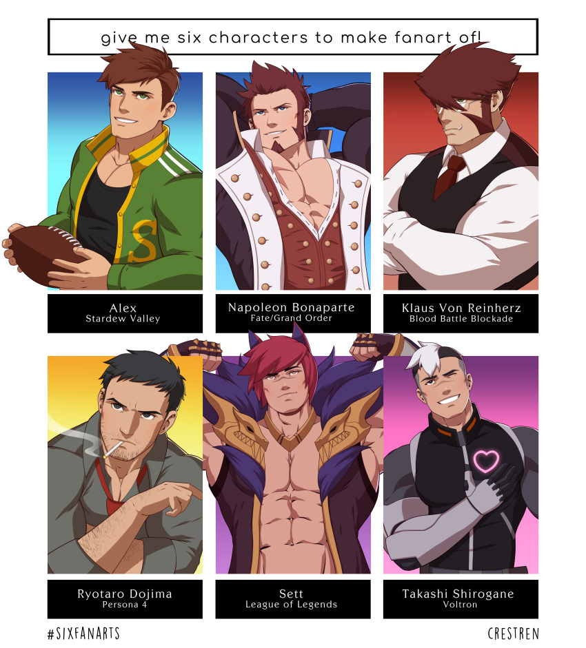 6+boys abs absurdres alex_(stardew_valley) american_football_(object) amputee arms_behind_head bara bare_pecs black_eyes black_hair black_tank_top brown_hair cigarette crestren crossed_arms doujima_ryoutarou facial_hair fate/grand_order fate_(series) flexing formal green_jacket highres jacket kekkai_sensen klaus_von_reinhertz league_of_legends long_sleeves male_focus military military_uniform multiple_boys muscular muscular_male napoleon_bonaparte_(fate/grand_order) navel necktie open_clothes open_jacket pectorals persona persona_4 pose prosthesis prosthetic_arm red_hair sett_(league_of_legends) short_hair sideburns six_fanarts_challenge spiked_hair stardew_valley stomach stubble takashi_shirogane tank_top track_jacket uniform voltron:_legendary_defender white_hair