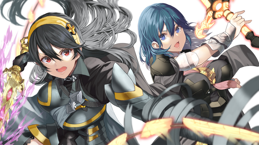 2girls armor black_hair blue_eyes blue_hair byleth_(female) close elbow_gloves fire_emblem gloves headband kamui_(fire_emblem) long_hair red_eyes super_smash_bros. sword weapon wristwear yappen