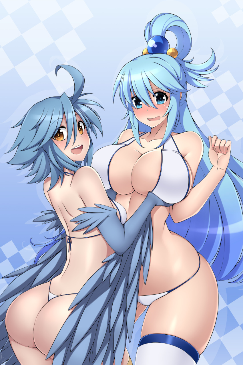 alina_pegova aqua_(kono_subarashii_sekai_ni_shukufuku_wo!) ass breast_hold crossover kono_subarashii_sekai_ni_shukufuku_wo! monster_girl monster_musume_no_iru_nichijou papi swimsuits thighhighs wings