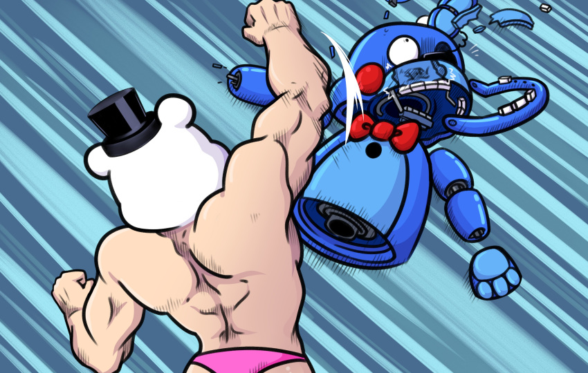 2020 3_fingers 5_fingers abstract_background absurd_res aglitch69 ambiguous_gender animal_humanoid animatronic anthro barazoku biceps black_nose blue_background blue_body bow_tie broken broken_body buff_helpy butt clothed clothing duo fingers fist five_nights_at_freddy's freddy_fazbear's_pizzeria_simulator hat headgear headwear helpy_(fnaf) hi_res humanoid lagomorph leporid long_ears looking_up machine male mammal mammal_humanoid meme missing_eye missing_teeth muscular muscular_anthro muscular_male open_mouth punch puppet puppet_bonnie_(fnafsl) rabbit raised_arm robot simple_background sister_location size_difference speedo standing swimwear tan_body tan_skin top_hat topless topless_male triceps ursid ursid_humanoid video_games