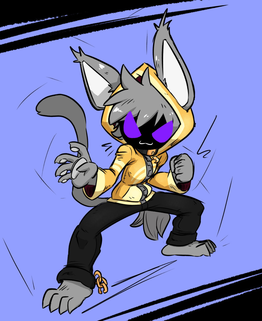 animal_ears baggy_pants barefoot cat_ears cat_tail claws clenched_hand commission furry highres hood hoodie jellotsok pants purple_eyes stance tail