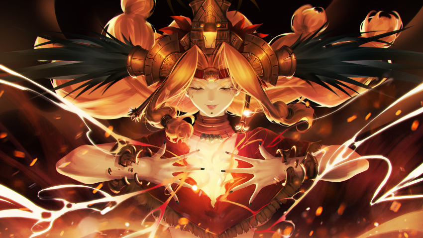 1girl aztec bangle bangs blonde_hair blueorca bracelet bracer broken chin_piercing closed_eyes collar commentary crack cracked_skin earrings energy eyebrows eyelashes facing_viewer fate/grand_order fate_(series) feathers fire floating_hair fringe_trim frown glowing hair_intakes hair_tubes hair_up hands_up headband headdress highres jewelry lips long_hair nail_polish neck_ring necklace open_hand outstretched_hand parted_lips pink_lips poncho quetzalcoatl_(fate/grand_order) red_headband smile solo sparks spread_fingers tied_hair torn_clothes upper_body