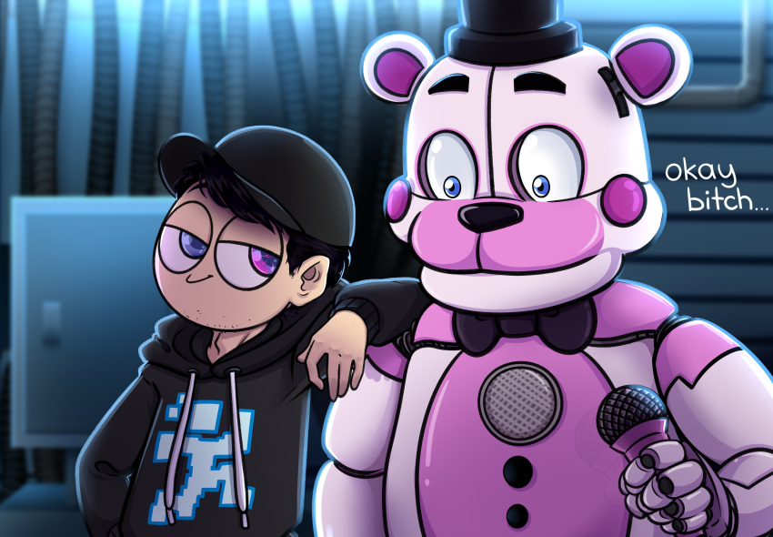 ... 2020 5_fingers absurd_res aglitch69 animatronic animdude_(fnaf) anthro black_eyebrows black_hair black_nose blue_eyes bow_tie clothed clothing dawko dawko_(character) dialogue dilated_pupils duo english_text eyebrows fingers five_nights_at_freddy's funtime_freddy_(fnafsl) hair half-closed_eyes hand_on_shoulder hat headgear headwear hi_res human looking_aside looking_down machine male mammal microphone multicolored_body narrowed_eyes o_o pink_body profanity robot scott_cawthon short_hair sister_location smile smug standing sweater tan_body tan_skin text top_hat topwear ursid video_games white_body wide_eyed