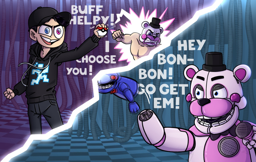 ! &gt;:d 2020 5_fingers absurd_res aglitch69 ambiguous_gender angry animal_humanoid animatronic animdude_(fnaf) anthro barazoku battle biceps black_eyebrows black_hair black_nose blue_body bottomwear bow_tie buckteeth buff_helpy checkered_background checkered_floor checkered_wall clenched_teeth clothed clothing crossover dawko dawko_(character) dialogue english_text eyebrows fingers fist five_nights_at_freddy's freddy_fazbear's_pizzeria_simulator funtime_freddy_(fnafsl) group hair hand_puppet hat headgear headwear helpy_(fnaf) hi_res human humanoid lagomorph leporid machine male mammal mammal_humanoid manly meme microphone motion_blur motion_lines multicolored_body multicolored_eyes muscular muscular_anthro muscular_male nintendo open_mouth pants pattern_background pecs pink_body pink_tongue pok&eacute;ball pok&eacute;mon pok&eacute;mon_battle puppet puppet_bonnie_(fnafsl) rabbit robot round_ears scott_cawthon short_hair simple_background sister_location size_difference smile standing sweater tan_body tan_skin teeth text tongue top_hat topwear triceps ursid ursid_humanoid video_games white_body wire