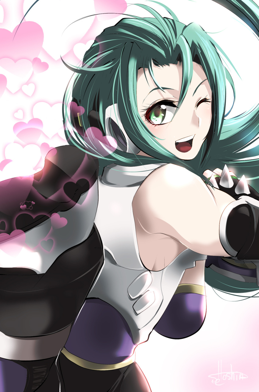 1girl aschen_brodel black_gloves boots breasts floating_hair from_side gloves green_eyes green_hair hair_between_eyes heart highres hoshino_(pixiv12796893) long_hair looking_back medium_breasts one_eye_closed open_mouth shoe_soles solo spiked_gloves super_robot_wars super_robot_wars_og_saga_mugen_no_frontier