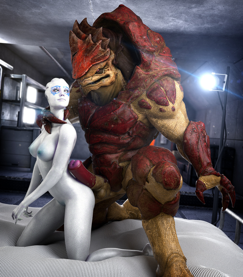 3d_(artwork) alien alien_humanoid animal_genitalia animal_penis asari asarimaniac balls bed breasts digital_media_(artwork) duo erection female furniture genitals hi_res humanoid imminent_sex interspecies krogan male male/female mass_effect multi_balls multi_genitalia muscular muscular_male neck_grab nipples nude on_bed penis penis_on_butt size_difference urdnot_wrex video_games