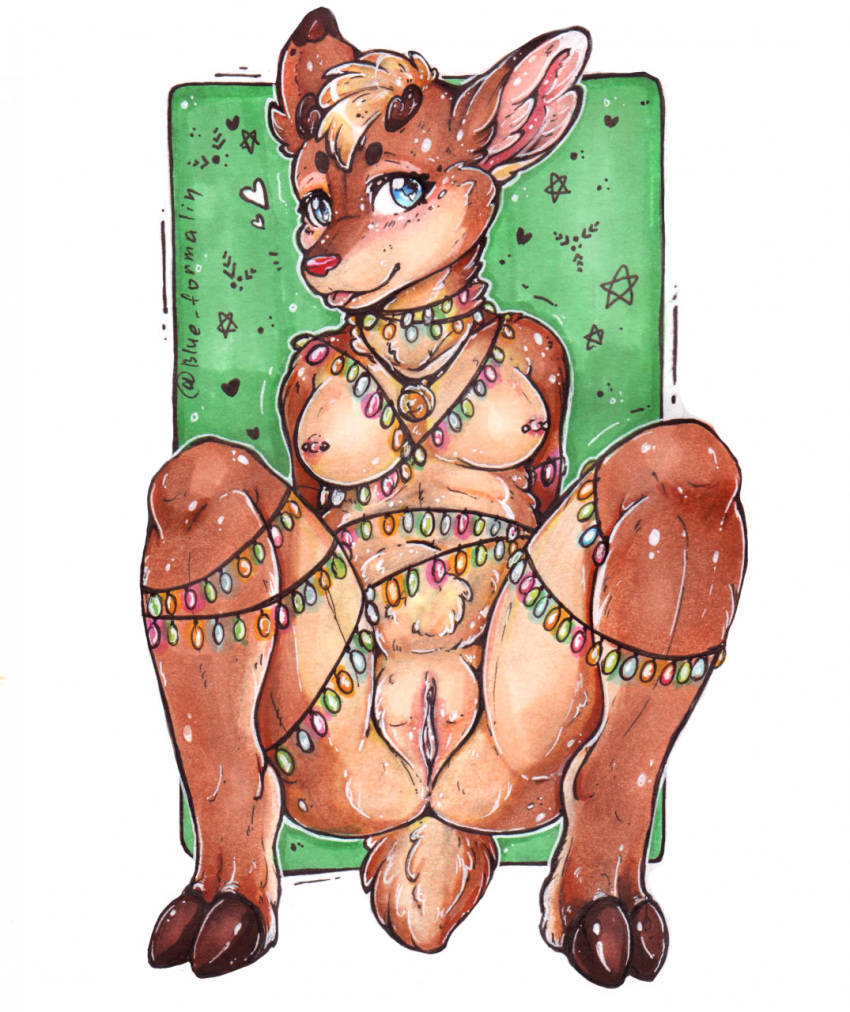 2020 anthro blep blue_eyes blue_formalin breasts brown_body brown_fur capreoline cervid christmas christmas_lights cloven_hooves crossgender female front_view fur genitals hi_res holidays hooves looking_at_viewer mammal mtf_crossgender nipple_piercing nipples nude piercing presenting presenting_pussy pussy red_nose reindeer rudolph_the_red_nosed_reindeer solo spread_legs spreading tongue tongue_out