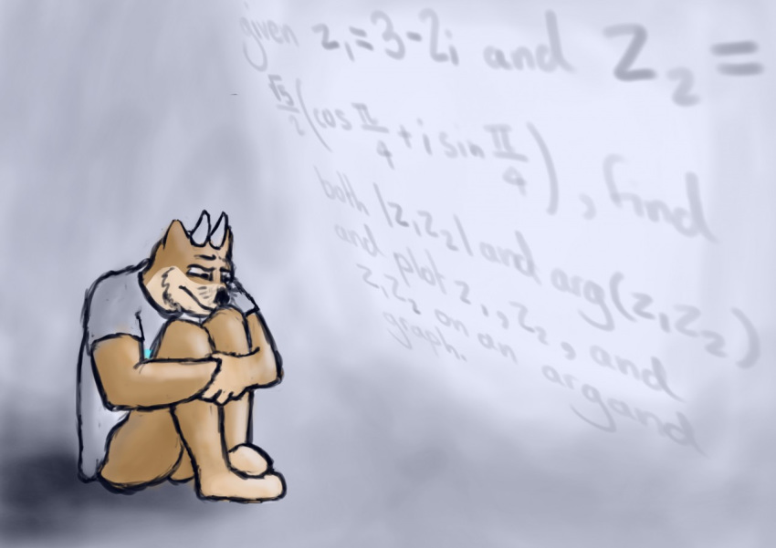 abstract_background ambiguous_gender anthro brown_body brown_fur clothing curled_up fetal_pose fur horn huddled huddling lutrine mammal math mustelid protzermotzer shadow shirt simple_background sitting solo t-shirt topwear