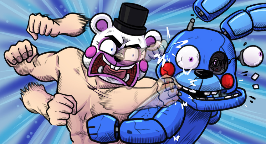 &gt;:o 2020 5_fingers abs abstract_background absurd_res aglitch69 ambiguous_gender animal_humanoid animatronic anthro barazoku biceps black_eyebrows black_nose blue_background blue_body blue_eyes broken broken_body buckteeth buff_helpy close-up clothed clothing cracked_body dilated_pupils duo eyeball eyebrows fight fingers five_nights_at_freddy's freddy_fazbear's_pizzeria_simulator hat headgear headwear helpy_(fnaf) hi_res humanoid lagomorph leporid long_ears looking_back machine male mammal mammal_humanoid meme missing_eye missing_teeth motion_blur motion_lines muscular muscular_anthro muscular_male o_o open_mouth pecs pink_tongue punch puppet puppet_bonnie_(fnafsl) purple_eyes rabbit robot round_ears simple_background sister_location size_difference standing tan_body tan_skin teeth tongue top_hat topless topless_male triceps ursid ursid_humanoid video_games wide_eyed wire