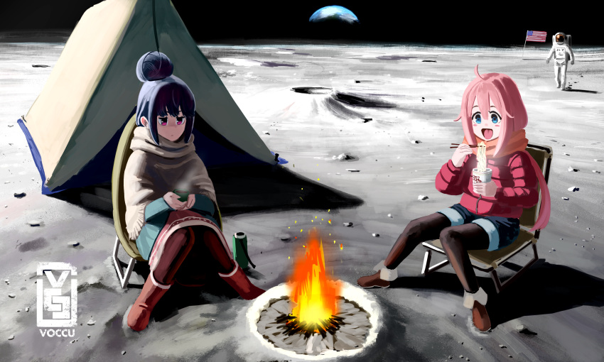 1other 2girls :d american_flag artist_logo artist_name astronaut bangs black_legwear blue_coat blue_eyes blue_hair blue_shorts boots brown_footwear brown_skirt camping chair chopsticks closed_mouth coat commentary crater cup cup_ramen earth earthrise_(real) eating english_commentary fire folding_chair fringe_trim grey_shawl hair_bun highres holding holding_chopsticks holding_cup horizon kagamihara_nadeshiko legwear_under_shorts light_frown long_hair medium_skirt moon multiple_girls open_mouth pantyhose pink_coat pink_hair pink_scarf purple_eyes scarf shadow shawl shima_rin shoes short_hair shorts sidelocks sitting skirt smile space steam tent thermos voccu yurucamp