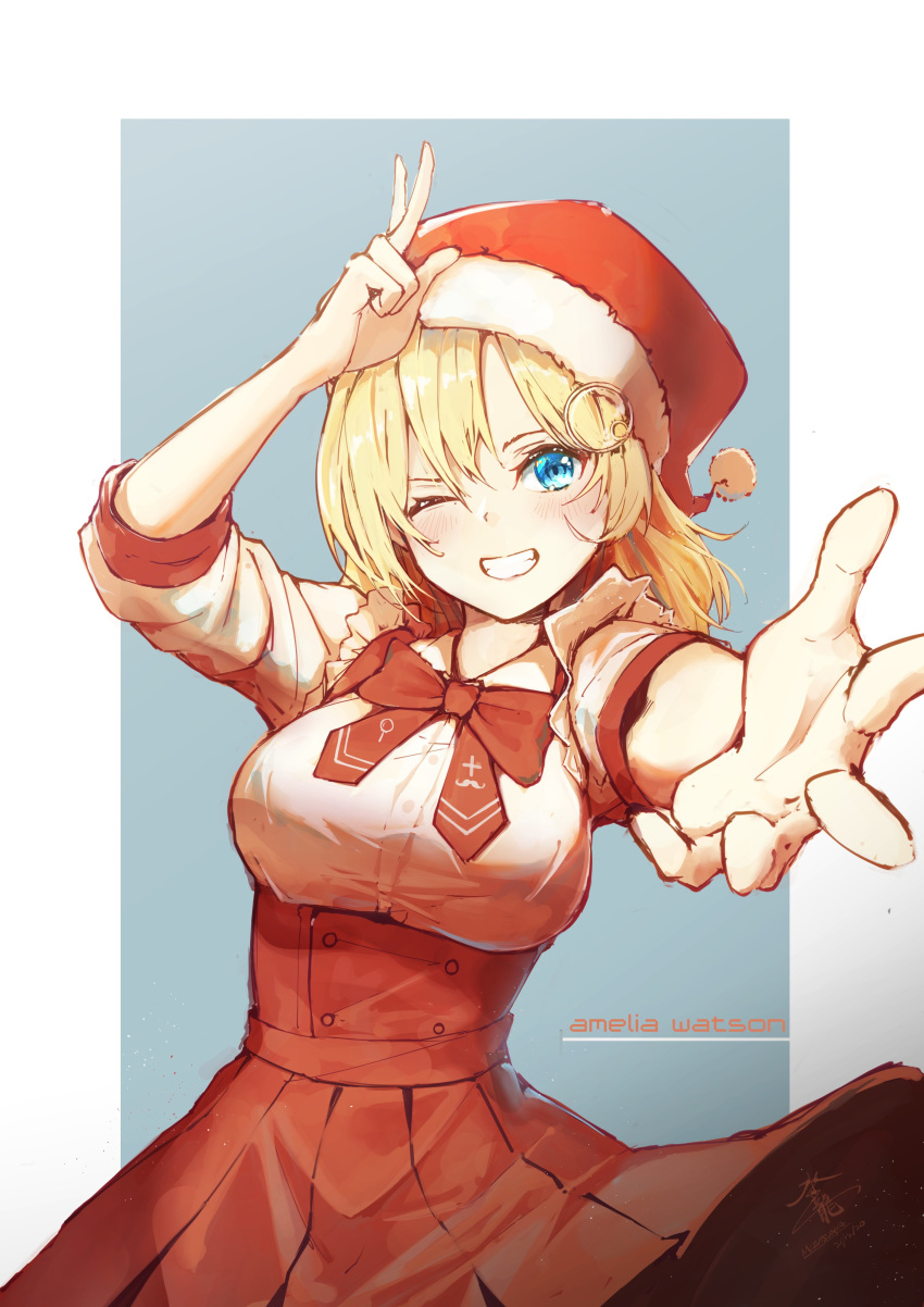 1girl absurdres arm_up blonde_hair blue_eyes bow breasts clenched_teeth commentary english_commentary foreshortening hat highres hololive hololive_english large_breasts long_hair looking_at_viewer monocle one_eye_closed outstretched_arm pom_pom_(clothes) red_bow red_skirt santa_hat shirt skirt solo standing suiiryu teeth upper_body v virtual_youtuber watson_amelia white_shirt