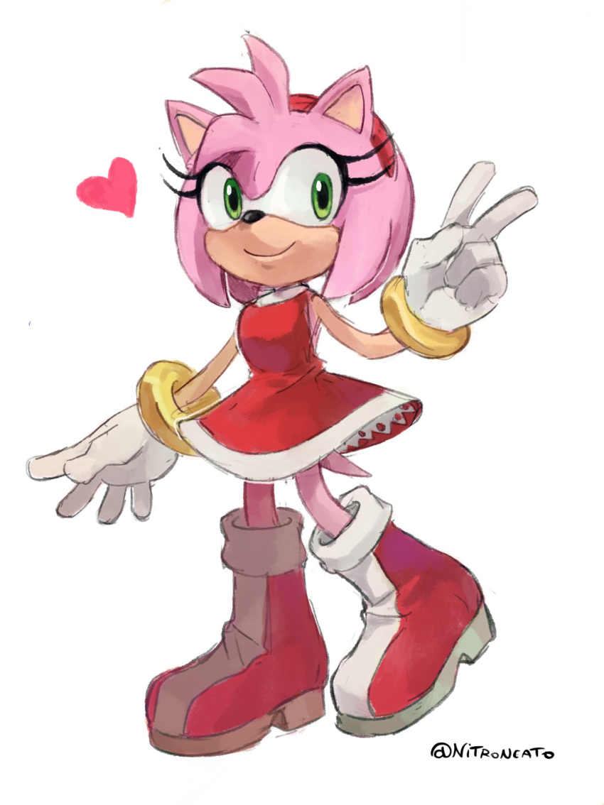 2020 5_fingers accessory amy_rose anthro boots clothing eulipotyphlan female fingers footwear gesture gloves green_eyes hair_accessory hairband handwear hedgehog hi_res mammal nitroneato signature simple_background smile solo sonic_the_hedgehog_(series) v_sign video_games