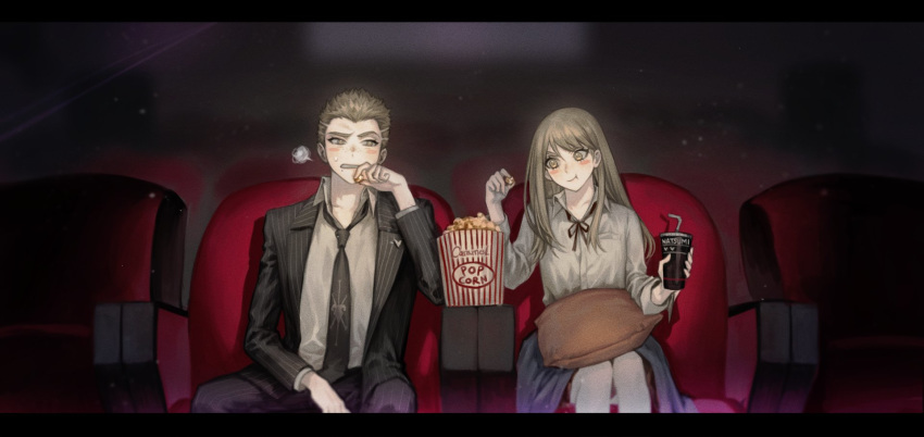 1boy 1girl bangs black_jacket black_neckwear black_pants black_ribbon blonde_hair blurry blurry_background blush_stickers breast_pocket closed_mouth collarbone collared_shirt commentary_request danganronpa_(series) danganronpa_2:_goodbye_despair eating food formal grey_shirt heart heart_print highres holding jacket kuzuryuu_fuyuhiko kuzuryuu_natsumi long_hair movie_theater neck_ribbon necktie pants pekupe_(p_krr) pillow pocket popcorn ribbon shirt short_hair sitting squiggle striped_jacket suit very_short_hair