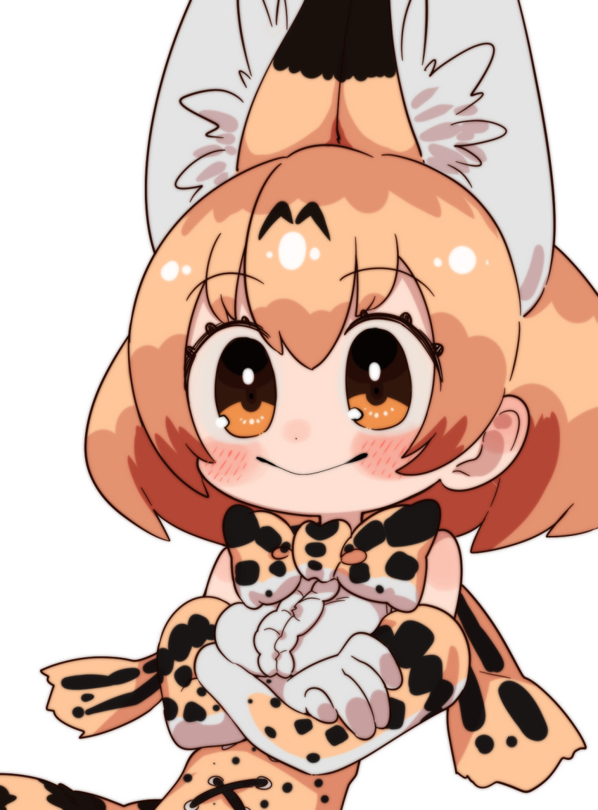 1girl :&gt; animal_ear_fluff animal_ears bangs blush bow bowtie chibi crossed_arms elbow_gloves eyebrows_visible_through_hair gloves hair_behind_ear highres kemono_friends looking_at_viewer notora orange_hair serval_(kemono_friends) serval_ears serval_girl serval_print short_hair skirt smile solo