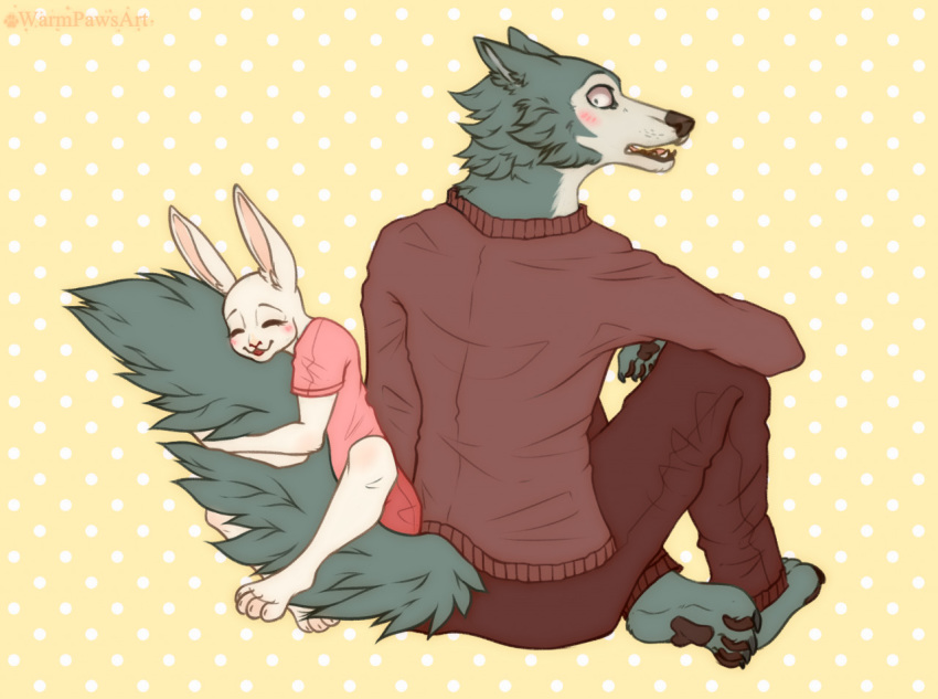 2020 4_toes anthro barefoot beastars black_nose black_pawpads blush canid canine canis claws clothed clothing countershade_face countershading digital_media_(artwork) domestic_rabbit duo dwarf_rabbit embrace eyes_closed female fingers fluffy fluffy_tail fur grey_body grey_fur happy haru_(beastars) interspecies lagomorph larger_male legoshi_(beastars) leporid looking_at_another looking_back male male/female mammal multicolored_body multicolored_fur open_mouth oryctolagus pawpads paws predator/prey rabbit sitting size_difference smaller_female smile surprise tail_hug teeth toe_claws toes two_tone_body two_tone_fur warmpawsart white_body white_countershading white_fur wolf