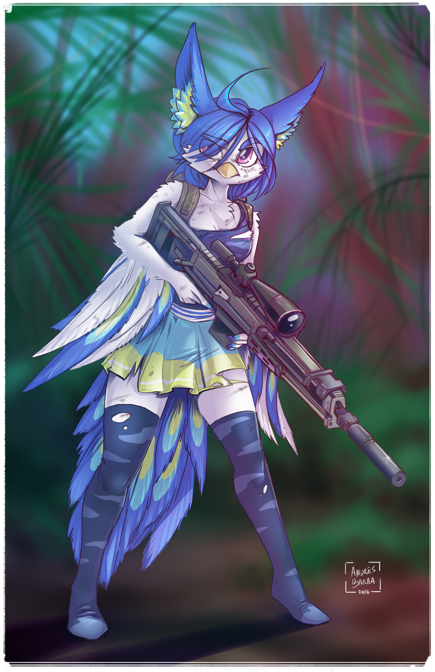 2018 absurd_res anthro avian beak blue_hair bottomwear breasts clothed clothing derideal detailed_background ear_tuft feathers female full-length_portrait gun hair hi_res jungle kiaun leg_warmers legwear multicolored_body multicolored_feathers perico pink_eyes portrait ranged_weapon rifle signature skirt solo tuft weapon