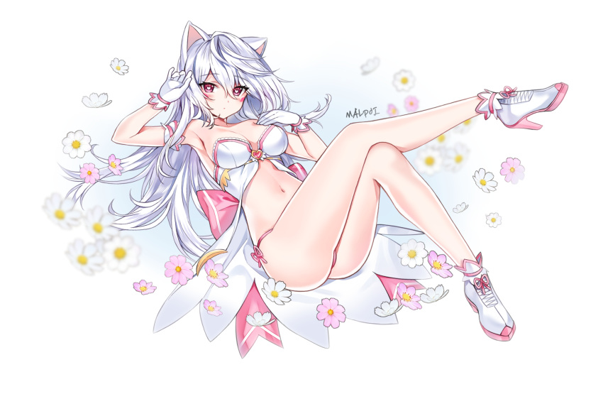 1girl animal_ears arm_garter arm_up armpits ass babydoll bare_arms bare_legs bare_shoulders breasts cat_ears elsword eve_(elsword) facial_mark flower gloves hand_up heart heart-shaped_pupils high_heels highres legs_up long_hair looking_at_viewer mal_poi medium_breasts navel panties pink_panties plantar_flexion red_eyes shoes side-tie_panties solo stomach strapless string_panties symbol-shaped_pupils thighs toes underwear underwear_only white_babydoll white_background white_footwear white_gloves white_hair