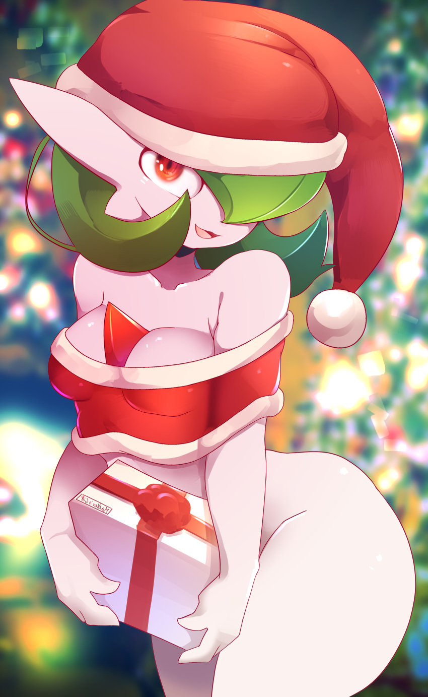 &lt;3 absurd_res ashraely big_breasts blush breasts christmas clothing curvy_figure digital_media_(artwork) female fingers gardevoir genitals green_hair hair hi_res holidays huge_breasts humanoid looking_at_viewer mostly_nude nintendo not_furry nude pok&eacute;mon pok&eacute;mon_(species) pussy red_eyes simple_background smile solo text thick_thighs video_games voluptuous wide_hips