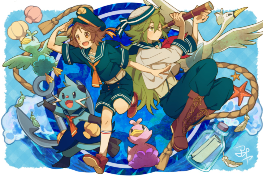 2boys alternate_color alternate_costume anchor aoya_(ayoyame18) bangs boots bottle brown_eyes brown_footwear brown_hair commentary_request dewott ducklett feathers gen_5_pokemon green_hair green_headwear green_shirt green_shorts hat hilbert_(pokemon) knees long_hair male_focus message_in_a_bottle multiple_boys n_(pokemon) orange_neckwear pokemon pokemon_(creature) pokemon_(game) pokemon_bw rope sailor_collar seashell shell shirt shoes short_sleeves shorts socks spyglass starfish swanna white_legwear white_shirt