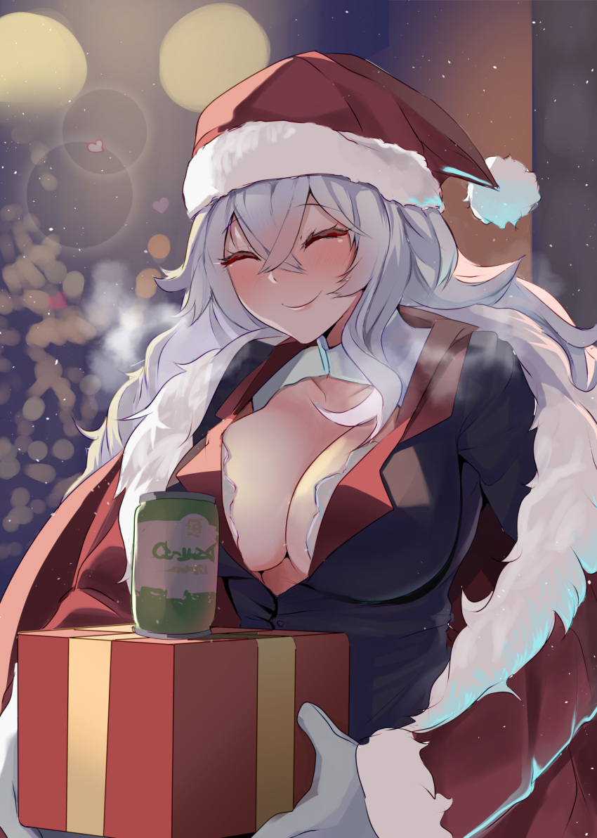 1girl azur_lane bangs beer_can black_jacket blush breasts breath can christmas_present cleavage cloak closed_eyes closed_mouth commentary crossed_bangs eyebrows_visible_through_hair fur-trimmed_cloak fur_trim gift gloves graf_zeppelin_(azur_lane) hair_between_eyes hat heart highres holding holding_gift jacket large_breasts monobe_yuri red_cloak santa_hat silver_hair smile snow snowing solo upper_body white_gloves