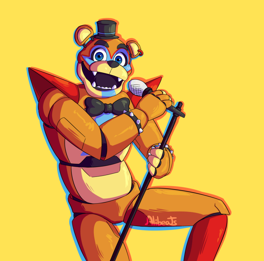 2020 alibeatsss animatronic anthro black_eyebrows black_nose blue_body blue_eyes blue_outline bodypaint bow_tie bracelet clothing ear_piercing ear_ring eyebrows face_paint fangs featureless_crotch five_nights_at_freddy's five_nights_at_freddy's:_security_breach glamrock_freddy_(fnaf) hat headgear headwear hi_res jewelry looking_at_viewer machine male mammal microphone multicolored_body open_mouth orange_body outline piercing pose robot rockstar round_ears shadow sharp_teeth simple_background smile solo spiked_bracelet spikes standing tan_body teeth top_hat ursid video_games yellow_background