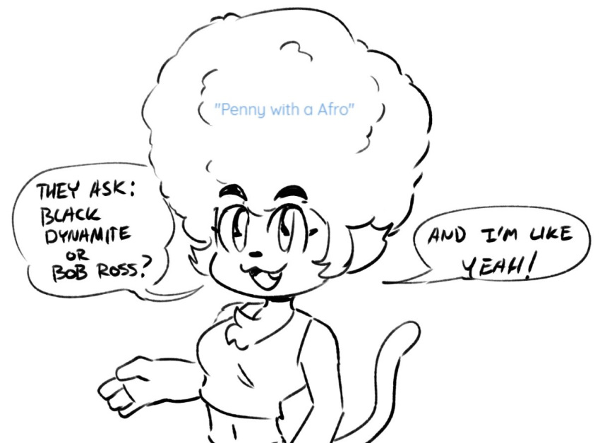 2019 4_fingers afro anaugi anthro ask_blog chest_tuft clothing cute_fangs dialogue domestic_cat english_text felid feline felis female fingers looking_at_viewer mammal monochrome navel open_mouth open_smile penny_(anaugi) shirt simple_background sketch smile solo speech_bubble tank_top text topwear tuft white_background