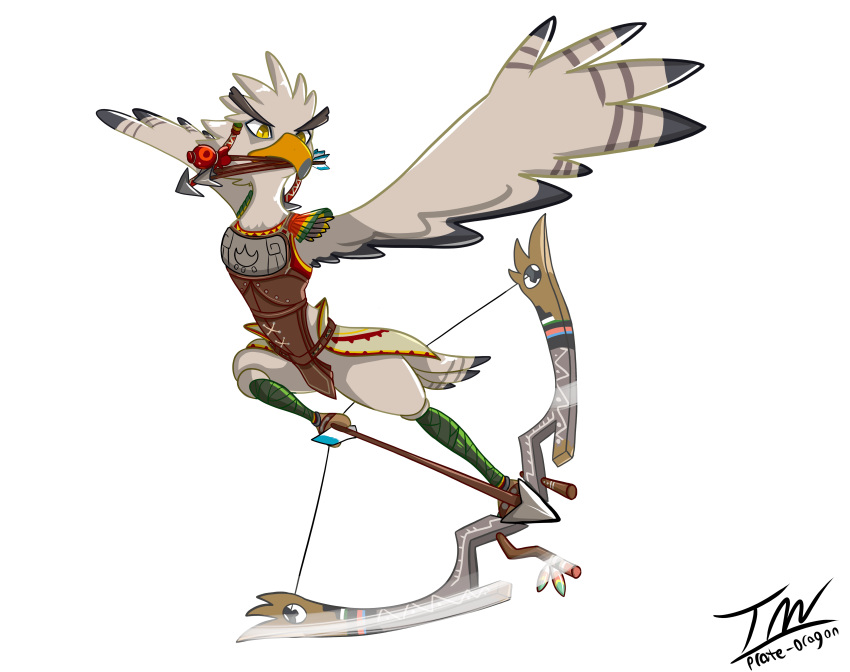 2020 absurd_res alpha_channel anthro avian beak bow_(weapon) breath_of_the_wild feathers flying front_view grey_body grey_feathers hi_res holding_object holding_weapon male midair nintendo object_in_mouth prate ranged_weapon rito signature simple_background solo teba_(tloz) the_legend_of_zelda transparent_background video_games weapon yellow_eyes