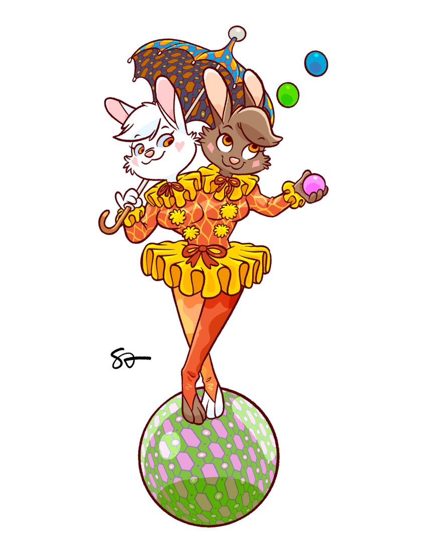 &diams; &lt;3 alpha_channel anthro balancing ball black_body black_fur breasts circus clothed clothing conjoined conjoined_twins dancewear female ferretface99 fur hare harlequin hi_res juggling lagomorph leporid mammal red_eyes sibling sister sisters smile solo suit_symbol tutu twins umbrella white_body white_fur