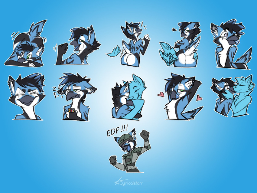 &lt;3 4:3 anthro avian beak bird black_body black_feathers black_hair blep blue_body blue_feathers butt canid canine cynicalstarr duo eye_scar facial_scar feathers hair heterochromia hi_res hug inner_ear_fluff kissing male mammal presenting raised_tail rovik scar simple_background tail_feathers tongue tongue_out tuft white_body white_feathers