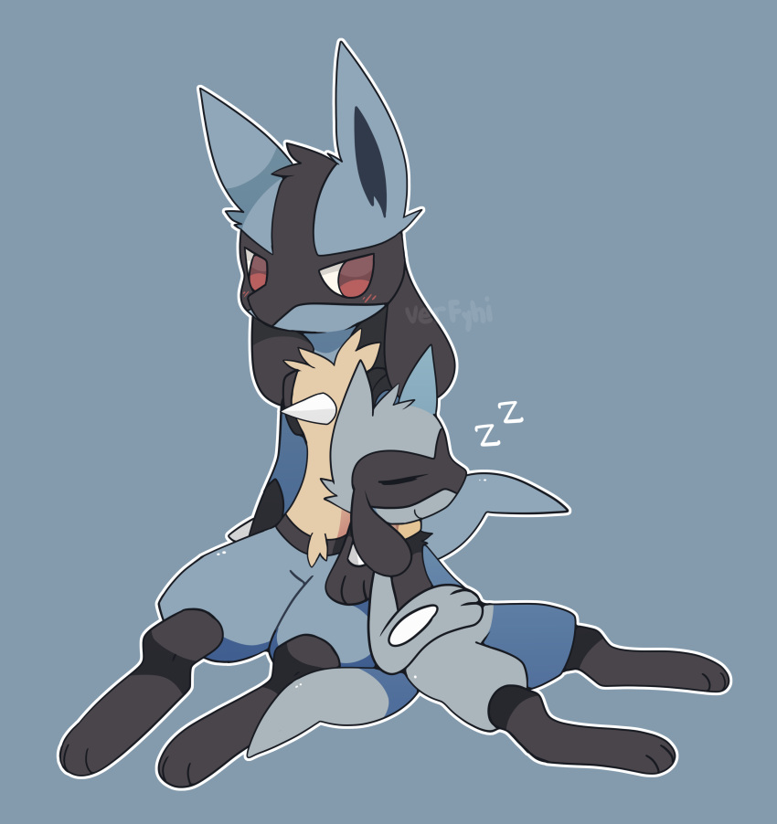 absurd_res ambiguous_gender baby_pok&eacute;mon black_body black_fur black_hair blue_background blue_body blue_fur blush canid canine duo eyes_closed fur hair hi_res inner_ear_fluff lucario lying mammal multicolored_body multicolored_fur nintendo pok&eacute;mon pok&eacute;mon_(species) riolu satori_(artist) simple_background size_difference sleeping smile sound_effects tan_body tan_fur tuft video_games zzz