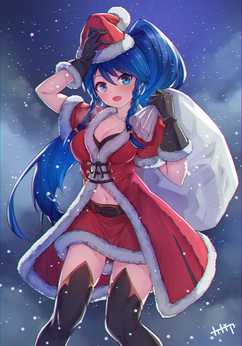 1girl absurdres alternate_costume arpeggio_kaga blue_eyes blue_hair blush braid breasts christmas cleavage coat fire_emblem fire_emblem:_the_sacred_stones hat highres long_hair medium_breasts night open_mouth ponytail santa_hat skirt snow snowing solo tana_(fire_emblem) thighhighs twin_braids