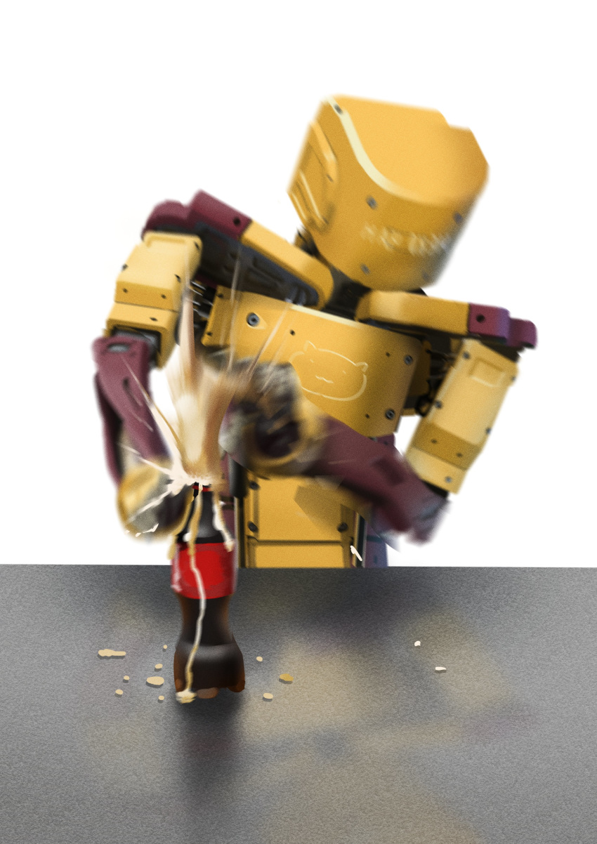absurdres highres humanoid_robot kusami_toka_naku_au looking_down opening original robot science_fiction soda soda_bottle solo spilling table white_background you're_doing_it_wrong