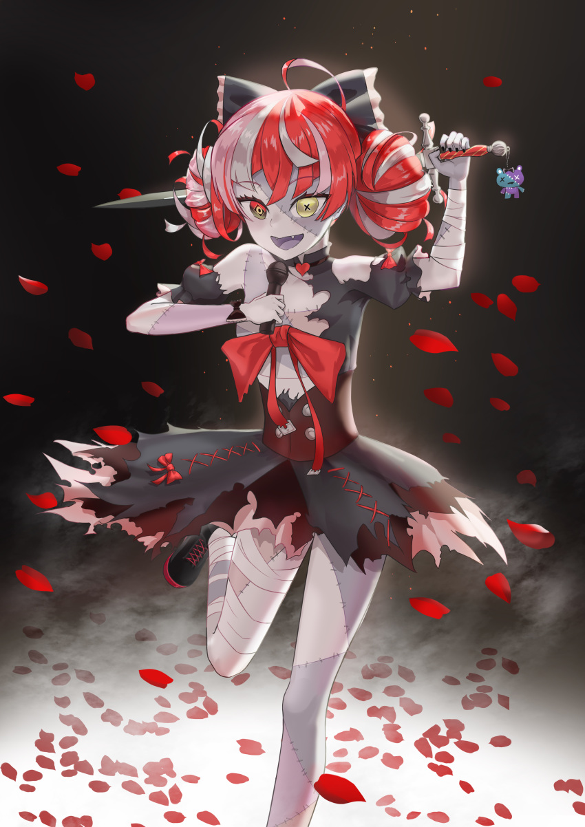 1girl absurdres ahoge bandages bangs black_nails bow chinese_commentary choker colored_skin corset double_bun falling_petals fangs frilled_bow frills grey_hair grey_skin hair_bow heart heart_choker heterochromia highres holding holding_microphone holding_sword holding_weapon hololive hololive_indonesia jagoo kureiji_ollie looking_at_viewer microphone multicolored_hair nail_polish open_mouth petals red_hair rose_petals scar smile solo standing standing_on_one_leg streaked_hair sword symbol-shaped_pupils virtual_youtuber weapon zombie