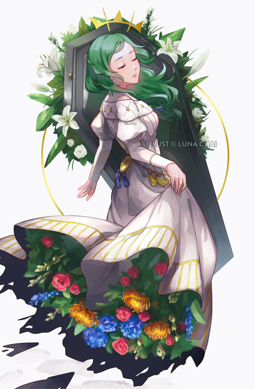 1girl artist_name closed_eyes coffin dress fire_emblem fire_emblem:_three_houses flower green_hair highres long_hair long_sleeves lunachaili parted_lips simple_background sitri_(fire_emblem) solo white_background white_dress