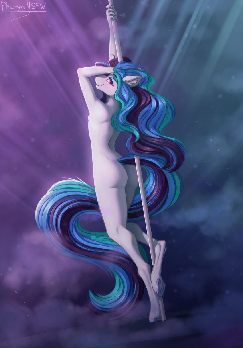 absurd_res anthro butt dancing equid equine girly hair hasbro hi_res long_hair male mammal my_little_pony phenyanyanya pole pole_dancing solo stripper_pole