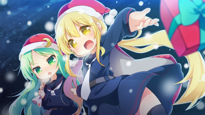 2girls black_legwear black_sailor_collar black_serafuku black_skirt blonde_hair blush box christmas crescent crescent_hair_ornament crescent_moon_pin eyebrows_visible_through_hair gift gift_box green_eyes green_hair hair_between_eyes hair_ornament hat kantai_collection long_hair long_sleeves low_twintails matatabi_(nigatsu) multiple_girls nagatsuki_(kantai_collection) neckerchief open_mouth sack sailor_collar santa_hat satsuki_(kantai_collection) school_uniform serafuku skirt smile thighhighs twintails white_neckwear yellow_eyes