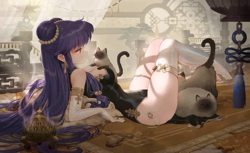 1girl animal arm_support bangs bare_shoulders barefoot blush carpet cat china_dress chinese_clothes closed_mouth curtains double_bun dress earrings elbow_gloves gloves hong_yun_ji incense_burner indoors jewelry legs_up long_hair lying on_back on_floor pelvic_curtain pillow pink_eyes railing ranma_1/2 shampoo_(ranma_1/2) single_thighhigh sleeveless sleeveless_dress smoke solo tassel tassel_earrings thighhighs thighlet very_long_hair white_gloves white_legwear